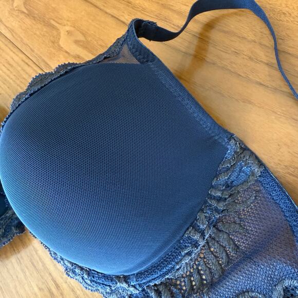 Natori Bra 32DD Feathers Plunge T Shirt Navy Gray Underwire Lace 730023 - Picture 7 of 13